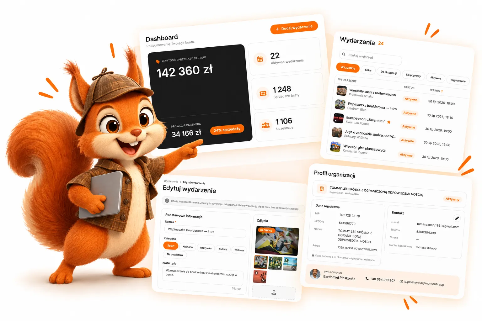 Wiewiórka Momenti prezentuje panel partnera: dashboard sprzedaży, listę wydarzeń, edycję wydarzenia i profil organizacji